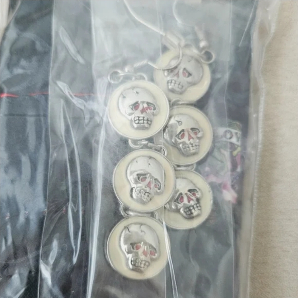 Ed Hardy Silver Skull Drop Earrings with Cream and Red Accents